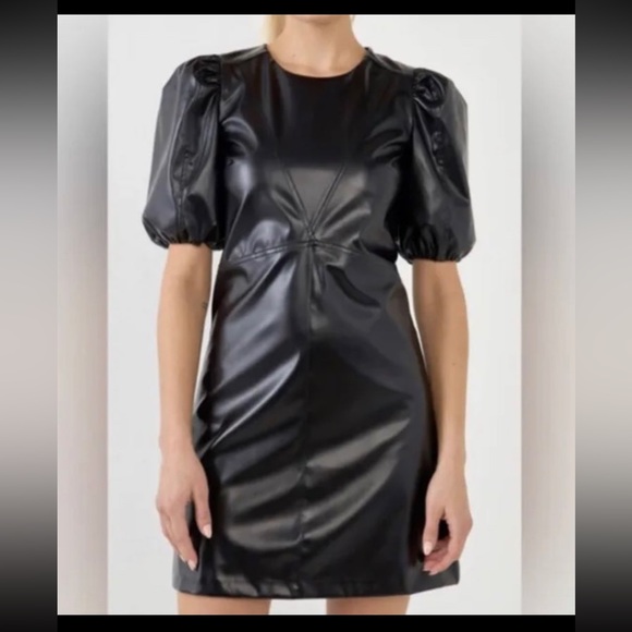 NWT $150 Women’s Endless Rose Faux Leather Puff Sleeve Mini Dress Black Sz M - Picture 3 of 10